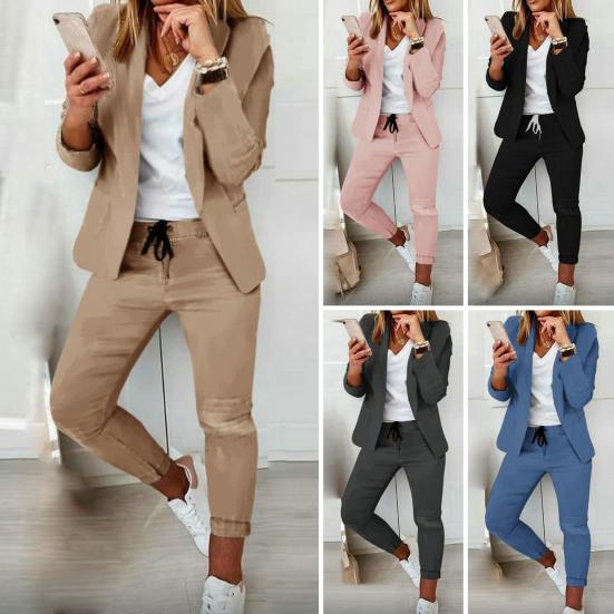 2 Pcs/Set Women Coat Pants Set Business Set Long Sleeves Solid Color Drawstring Elastic Waist Lapel Slim Fit Pants Blazer Trousers Suit