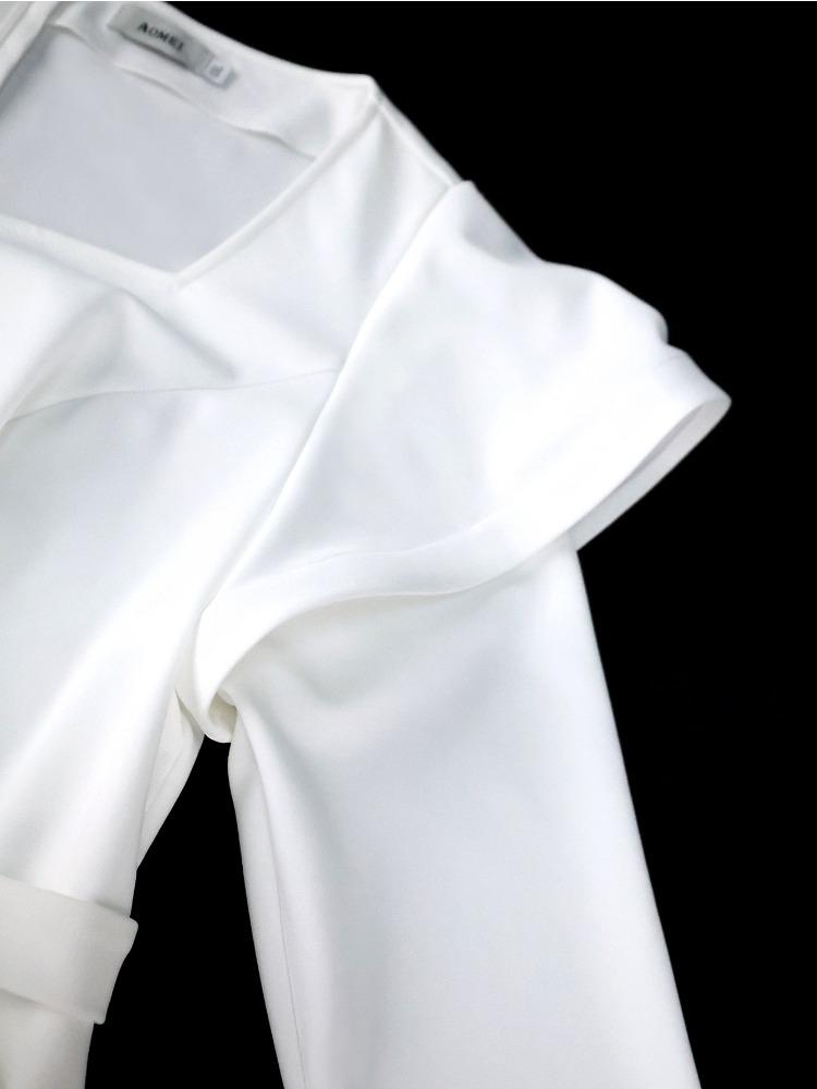 Women Elegant White Bodycon Dress Sweetheart Collar Long Sleeve Waist Belt Peplum Hem Evening Party Wedding Guest Autumn New