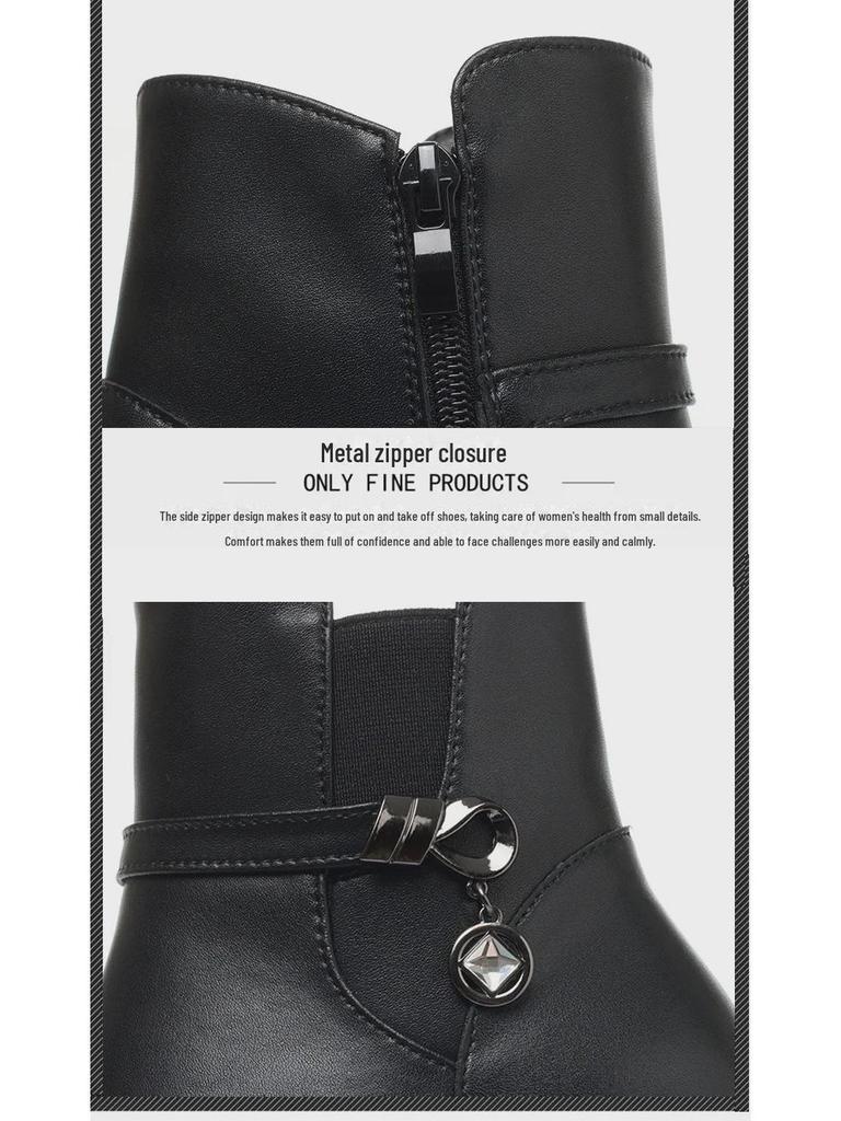 Women's Winter Flat Boots: Thick-Heeled Cowhide with Warm Velvet for Middle-Aged & Elderly