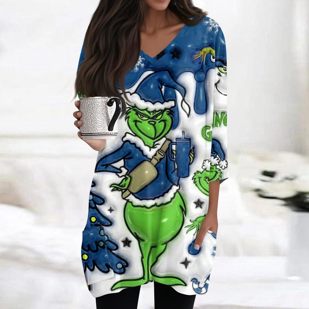 Женские топы с V-образным вырезом и рукавом 3/4, повседневные блузки средней длины, модные туники с рождественским принтом и карманами