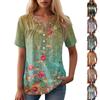 Women's Casual Floral Print V-Neck Short Sleeve Decorative Button T-Shirt Top