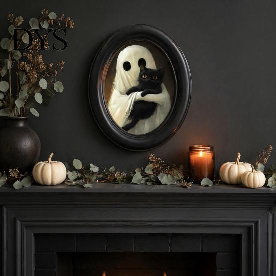 Oval Wood Picture Frame Halloween Gothic Wooden Hanging Plaque, Vintage Black Cat Ghost Wall Sweet Cool Sign Sign, Retro Waterproof Decorative Art for