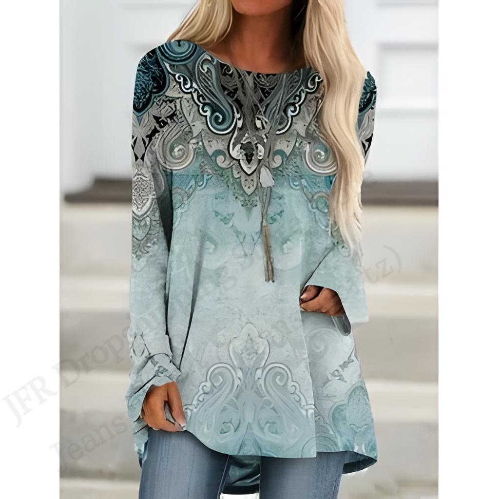 2025 Новая модная футболка с длинным рукавом, винтажный узор, 3D-принт, футболка для женщин, повседневная длинная футболка с круглым вырезом, женская верхняя одежда