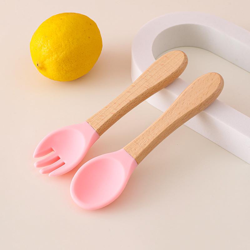 Детская деревянная ручка силиконовая вилка и ложка Главная Дополнительный набор деревянная ручка силиконовая вилка и ложка детская ложка для кормления устойчивая к падениям