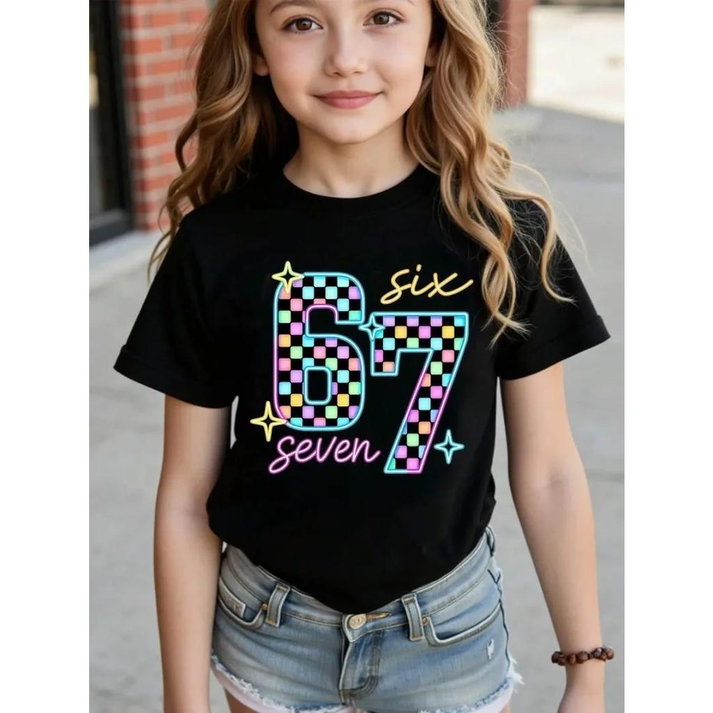 Children's 67 Print T-shirt Girls Short Sleeve Round Neck Tee Casual Wear Comfort Children Clothes 67 Six Seven Girl Clothing