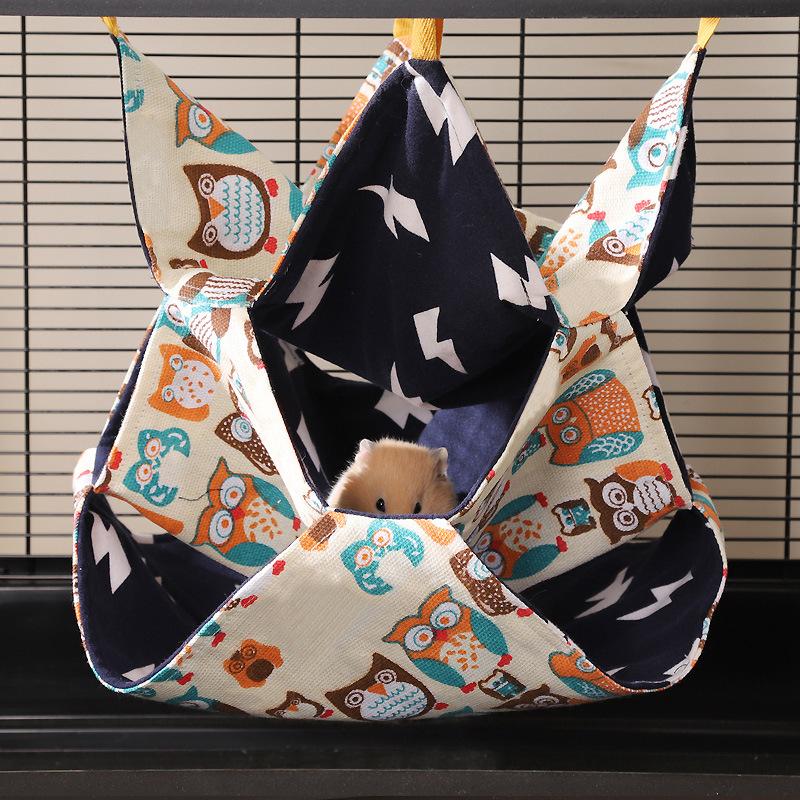 3 Tier Small Pet Hammock Hanging Sleep Bed for Sugar Glider Ferret Chinchilla Rat Four-season Cute Owl Print Mouse Hammock Cages