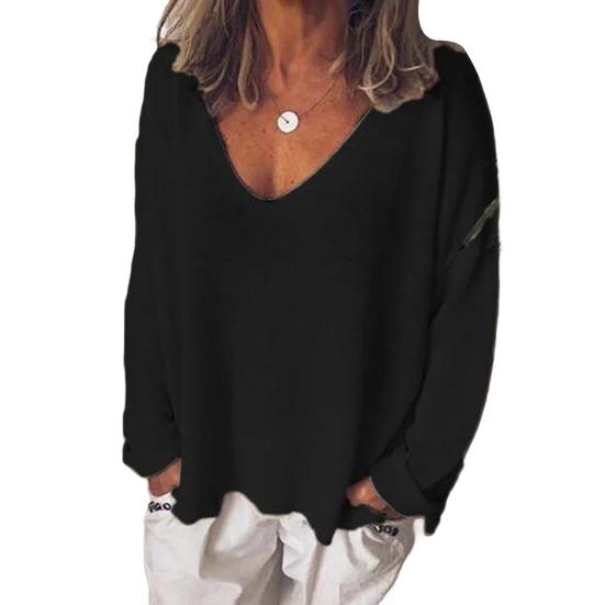 Женская футболка с V-образным вырезом и длинным рукавом, свободная футболка, однотонная, дышащая, повседневная, пуловер, топы, повседневная одежда