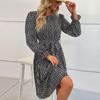 Women's O Neck Long Sleeves Fall Lace Up Print High Waist All Match Dress