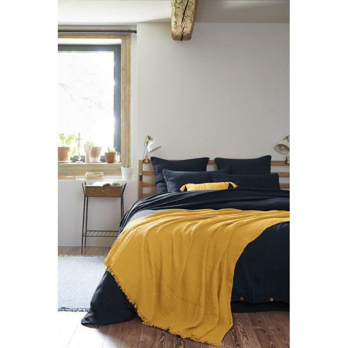 Fringed Blanket "Gaïa" All Sizes "Cotton Gauze" - Gaïa Safran - 130 X 160 Cm