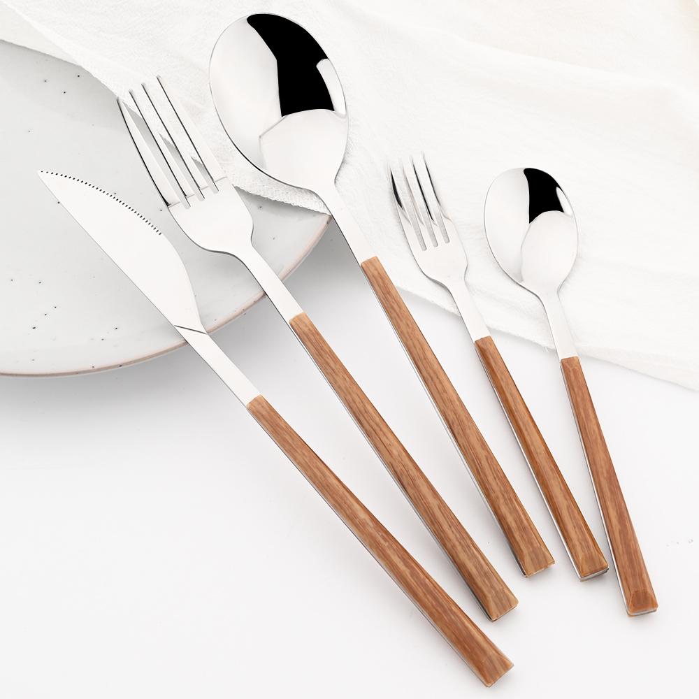 5 шт., набор столовой посуды с деревянной ручкой, посуда из нержавеющей стали, нож для стейка, вилка, десертная ложка, столовые приборы, кухонные столовые приборы в западном стиле