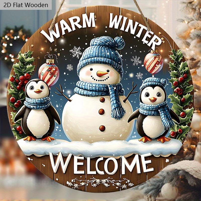 Милая деревянная рождественская табличка «Зимняя сказка» с узором снеговика и пингвина - Табличка «Навидад» для декора на входную дверь, для подвешивания на стену - Идеальный рождественский подарок