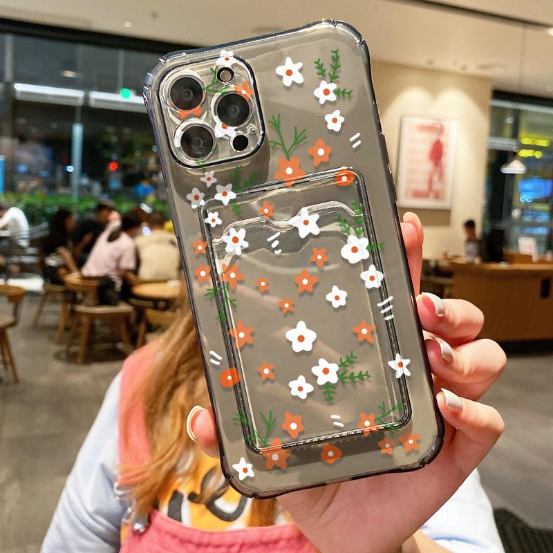 Чехол для телефона с держателем для карт для iPhone 13 Funda iPhone 11 16 Pro Max 16E 14 15 12 XR X Xs 7 8 Plus, противоударный, мягкий, с цветочным узором из ТПУ