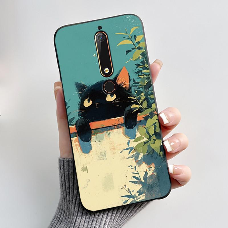 Cute Case For Nokia 6.1/Nokia 6.1 Plus/Nokia X6/Nokia6 Capa Printing Shell Protective Cover Soft Silicone Cartoon Black Casing