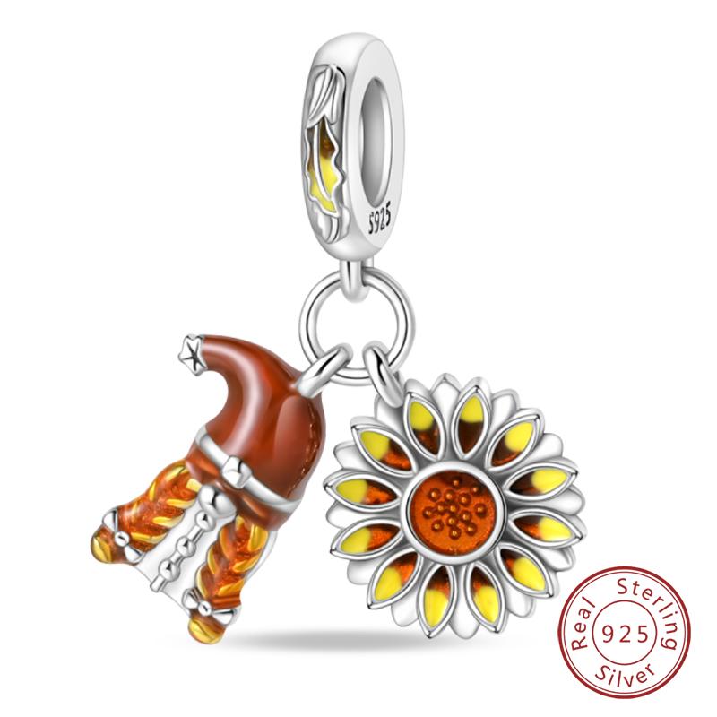 100% 925 Silver Autumn Harvest Series Brown Music Squirrel Scarecrow Pumpkin Maple Leaves Charms Beads DIY Jewelry Gift