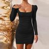 Long Sleeve Square Neck Spring Autumn Black Wrap Ruched Bodycon Dress Women Sexy Backless White Elegant Short Mini Party Dress