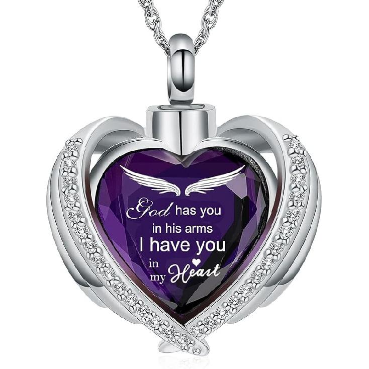 shajwo Cremation Jewelry Angel Wing Heart Urn Ashes Necklace for Women Men Birthstone Loved One Memorial Pendant