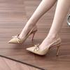 Красивые нюдовые туфли на высоком каблуке для женских летних новых моделей 2025 года, пустые, с острым носком, на тонком каблуке, с открытым верхом, сексуальные туфли-лодочки, босоножки с бантом.