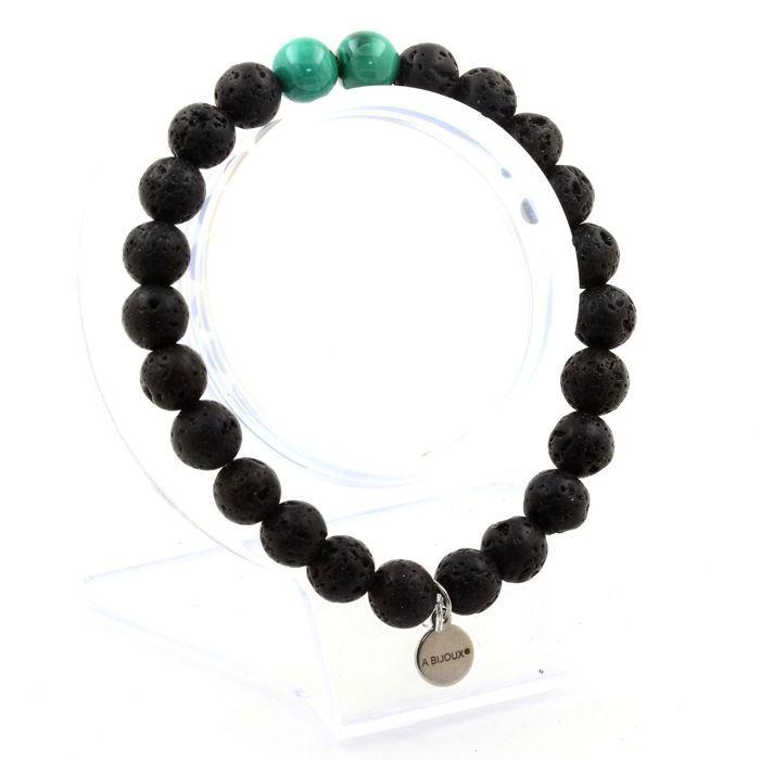 Stones and Minerals. Congo Malachite Beads Bracelet + Lava 8 Mm. Made In France.