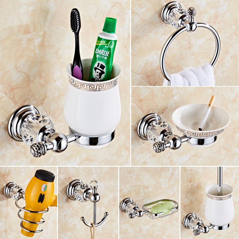 Bathroom Hardware Set Crystal Bath Towel Shelf Toilet Paper Holder Sliver Chrome Towel Bar Toilet Brush Holder Robe Hook EL8130