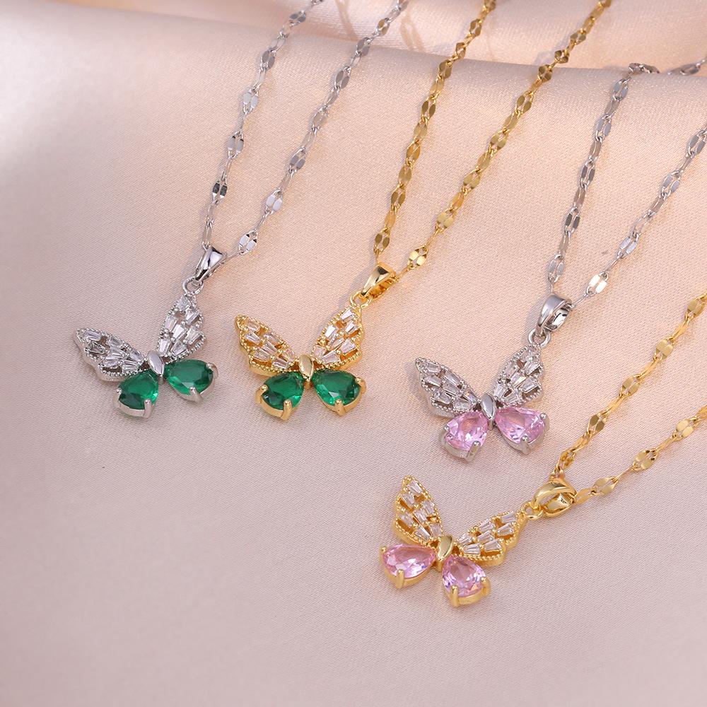 Full Zirconium Butterfly Pendant Stainless Steel Necklace Women's Simple and Versatile Necklace