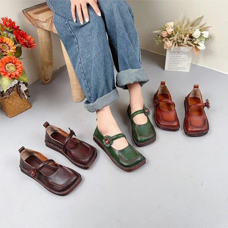 Johnature Однотонные туфли на плоской подошве из натуральной кожи с квадратным носком, универсальные женские туфли без шнуровки из воловьей кожи в стиле ретро