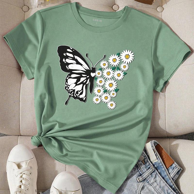 Fashion Women Animal Butterfly Print T Shirt Funny Casual O-neck Short Sleeves T-shirt Summer Female Tee Shirt