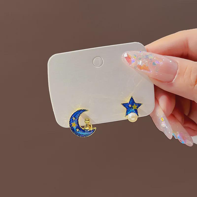 Корейские серьги с жемчугом «Звезда и Луна»: Модная осенняя мода с серебряной иглой