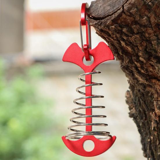 Deck-Anchor Pegs with Carabiners Windproof Tent Rope Tensioner Aluminum Deck Tie Down Spring Tent Stakes Outdoor Camping Fishbone Tent Pegs