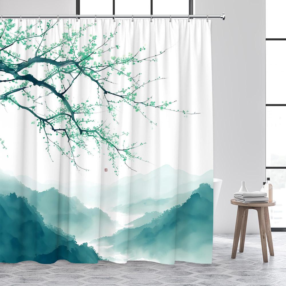 Японский пейзаж Шторы для душа Абстрактная гора Розовый цветок сакуры Цветочный Птица Павильон Азиатское искусство Декор для ванной шторы