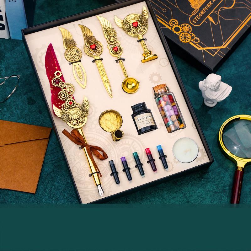 Quill Pen Ink Set, Calligraphy Feather Fountain Pen, Vintage Signature Pen with Replaceable Nibs/Ink Cartridges, Pen Holder, Seal, Bookmark