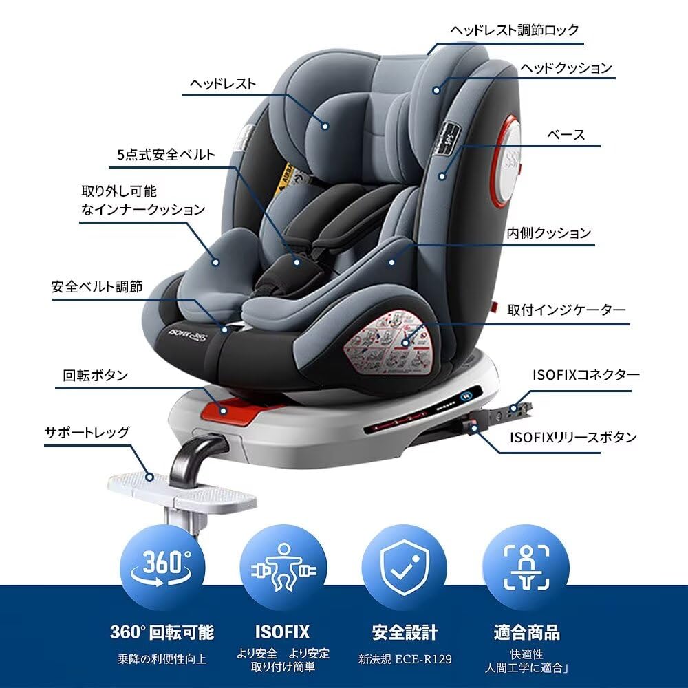 HZDMJ Детское сиденье ISOFIX с поворотом на 360 градусов, можно использовать с рождения до 12 лет, фиксированное сиденье, для малышей, легко садиться и выходить, подголовник регулируется в 11 положениях