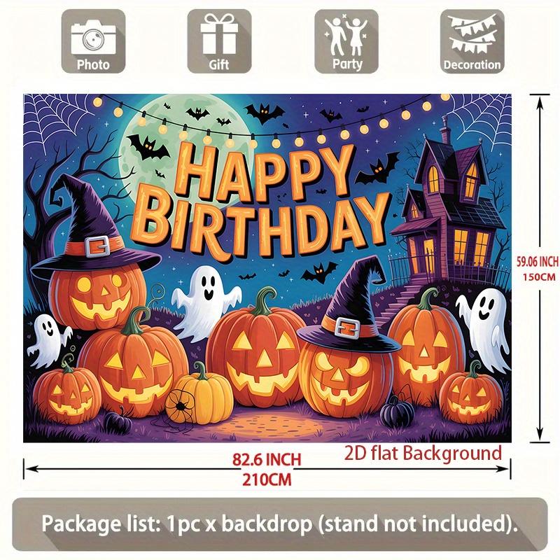 One Halloween-themed birthday backdrop - Weird witch hat, pumpkin lanterns and haunted housezyc