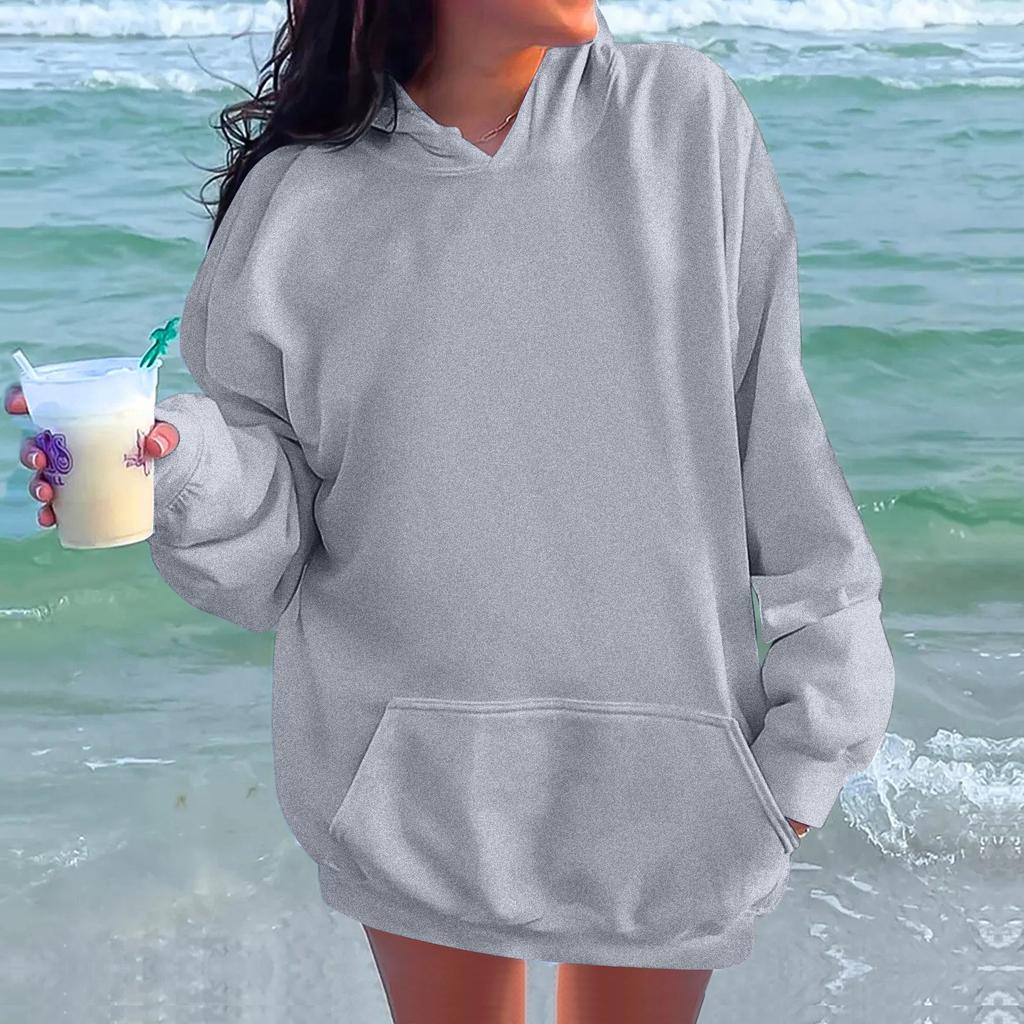 Женская модная повседневная толстовка с длинными рукавами и круглым вырезом с капюшоном, однотонная толстовка с прошитой нитью