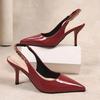 Fashion New Style Summer French Wine Red Pointed Patent Leather Mid-heel Overhead Sandals for Women Retro Skinny Heel Back Empty Shoes