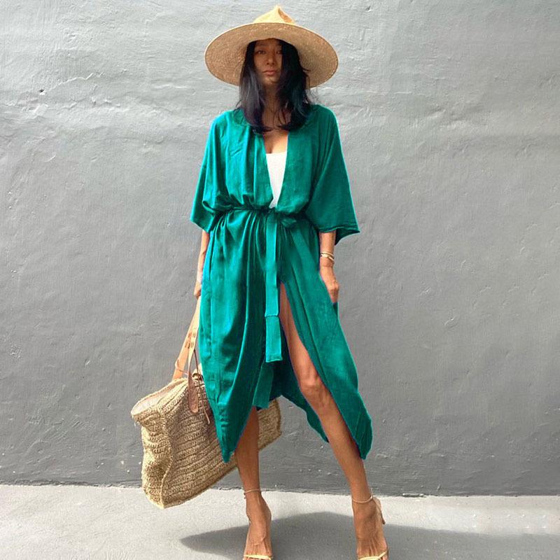 Women's Beach Cover Up Kimono, Summer Swimsuit Cape, Solid Bohemian Tunic Dresses, Bathing Suits, Cardigan, Shawl