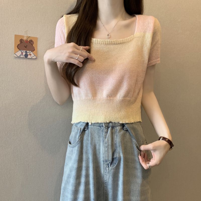 Color Blocked Square Neck Short Sleeved Knitted Sweater for Women In Summer Retro and Niche Short Style Slimming Top