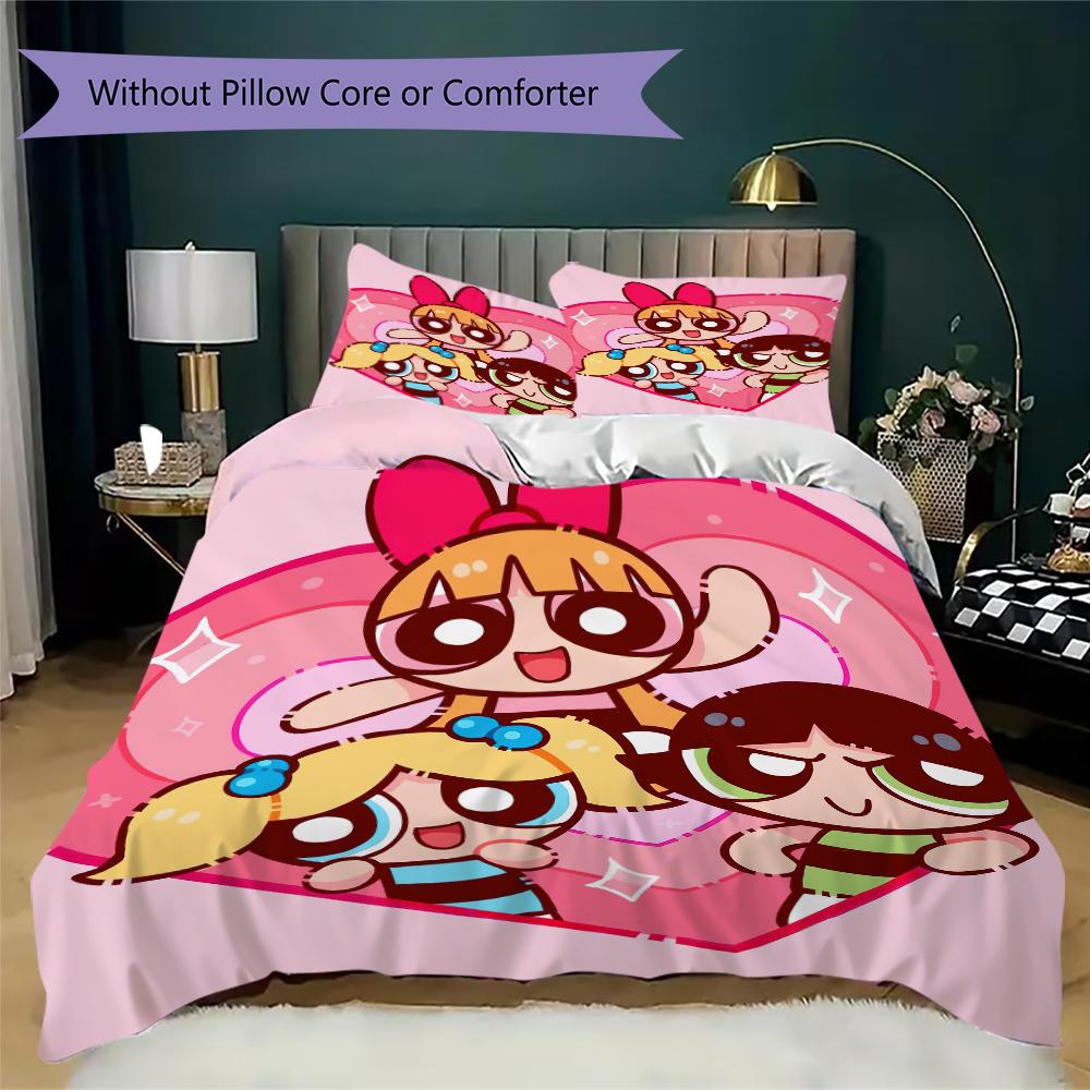 1PC The Powerpuff Girls Bedding Quilt Set Quilt Cover Pillowcase Home Decoration Birthday Gift (1 * duvet cover + 2 * pillowcase, without core)A11