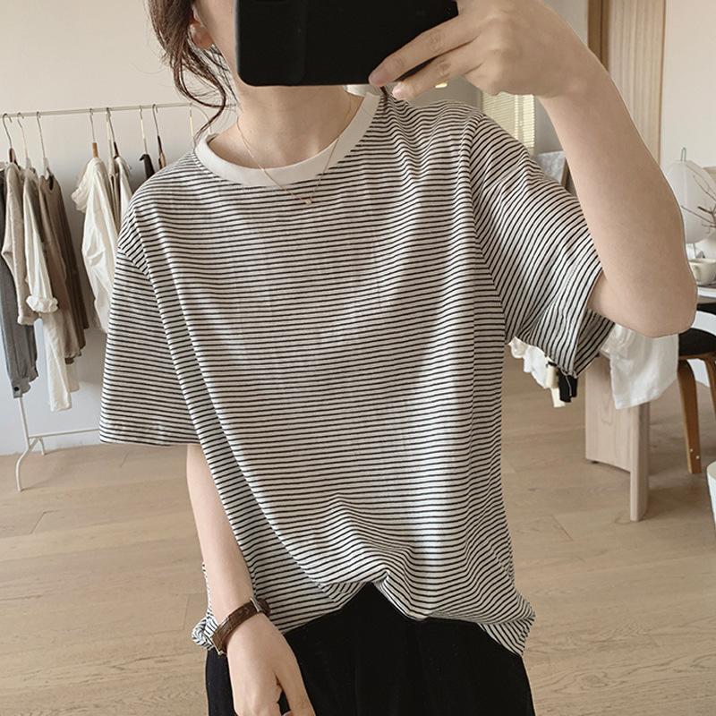 High Quality Pure Cotton Striped T-shirt Women's Summer New Loose Slim Versatile Short-sleeved T-shirt Top