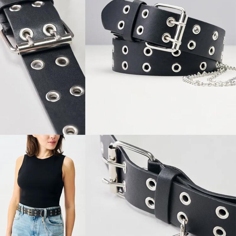 Women's Punk Chain Leather Belt with Rivet & Eyelet Details