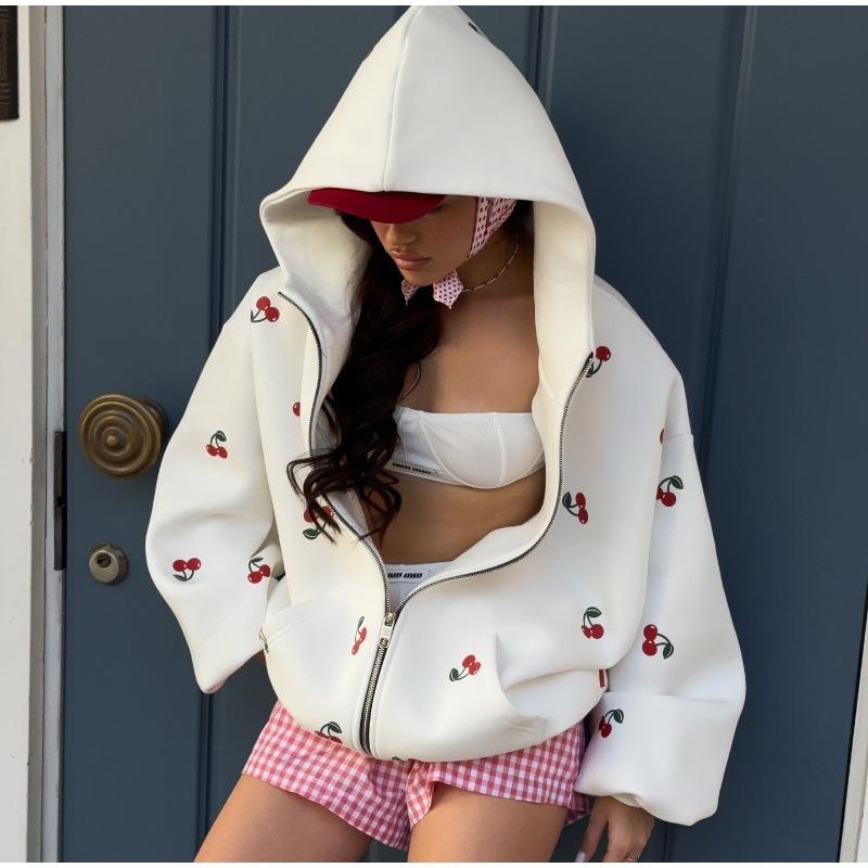 Женская модная белая толстовка с капюшоном с принтом вишни 2025 года, весна, женская свободная уличная толстовка с длинным рукавом и капюшоном на молнии