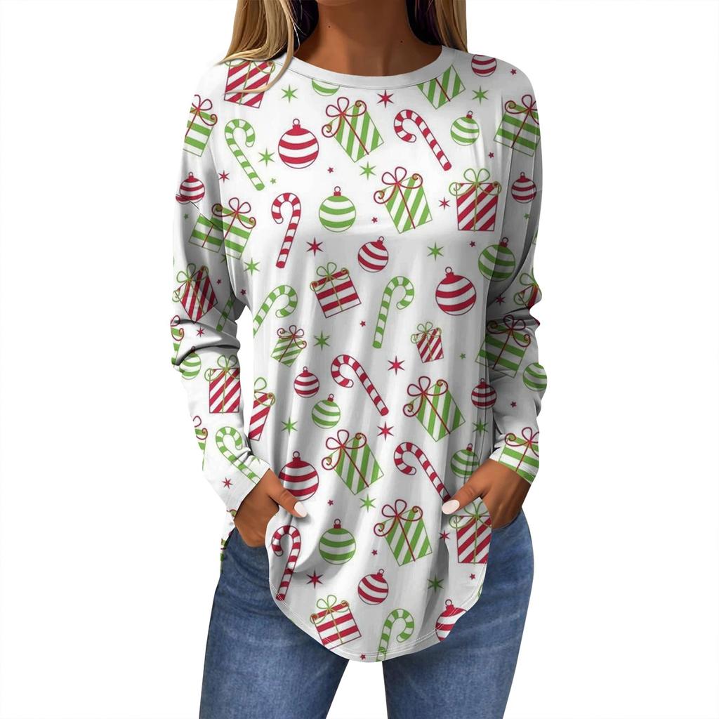 Женская модная повседневная футболка с круглым вырезом и длинным рукавом с рождественским принтом