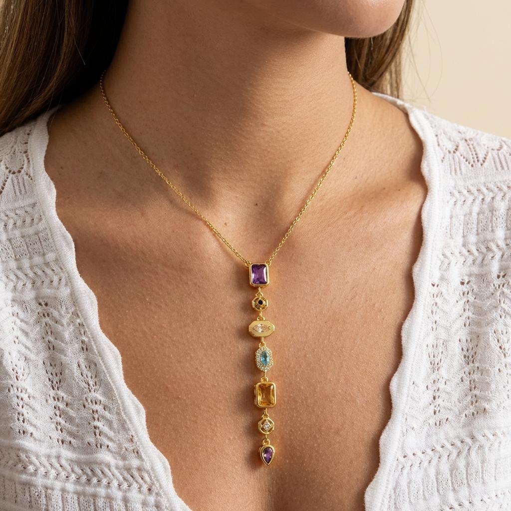 Stainless Steel Colorful Rhinestone Long Pendant Necklace for Women Zircon Eye Sun Moon Water Drop Choker Party Wedding Jewelry