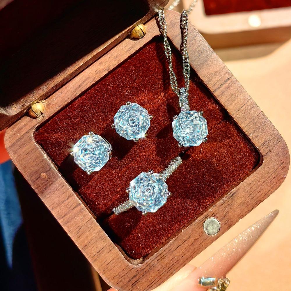 Восьмиугольный кулон Paraiba с сверкающими бриллиантовыми серьгами Желтое золото Кольцо Женский набор ювелирных изделий