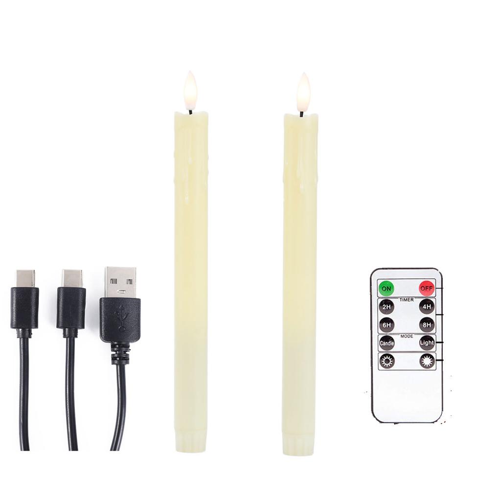 2 Pieces Remote Control Valentine's Day LED Candles USB Charge,25.5 Cm Beige Color Plastic Taper Rechargeable Candle Tear Drop