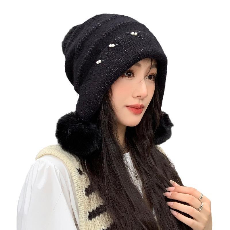 Осенне-зимняя шапка из кроличьего пуха для женщин, вязаная шерстяная шапка с жемчужным кружевом и помпоном для тепла и защиты от холода, шапка с защитой ушей, тренд