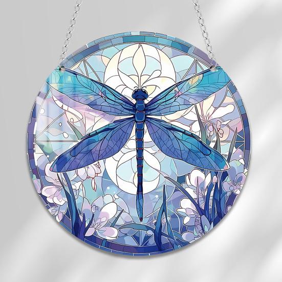 Round Stained Glass Style Window Hangings 5.9 Inch Colorful Sun Catcher with Chain for Indoor Outdoor Decor Light Reflection Artistic Gift