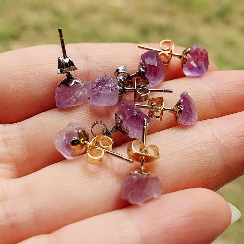 Rough Stone Purple Natural Amethyst Women Earrings Ear Studs Korean Style Amethyst Stud Earrings