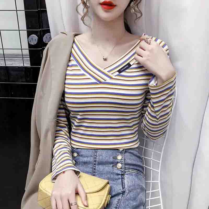 Женская футболка с v-образным вырезом и длинными рукавами, весенне-осенняя полосатая тонкая сетка для похудения, красный топ Super Fire