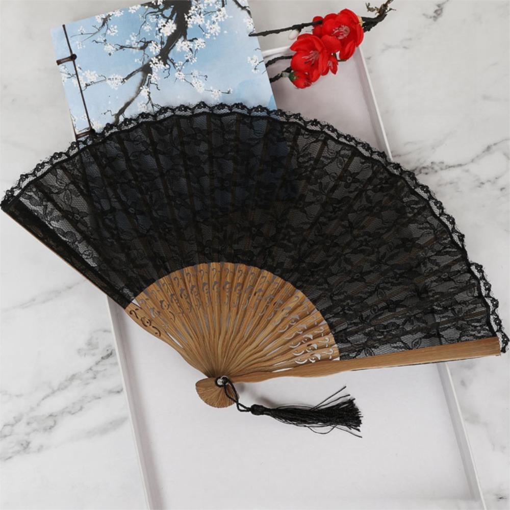 Bamboo Frame Lace Handheld  Folding Fan with Bags Bamboo Silk Folding Fan  Wedding Decoration