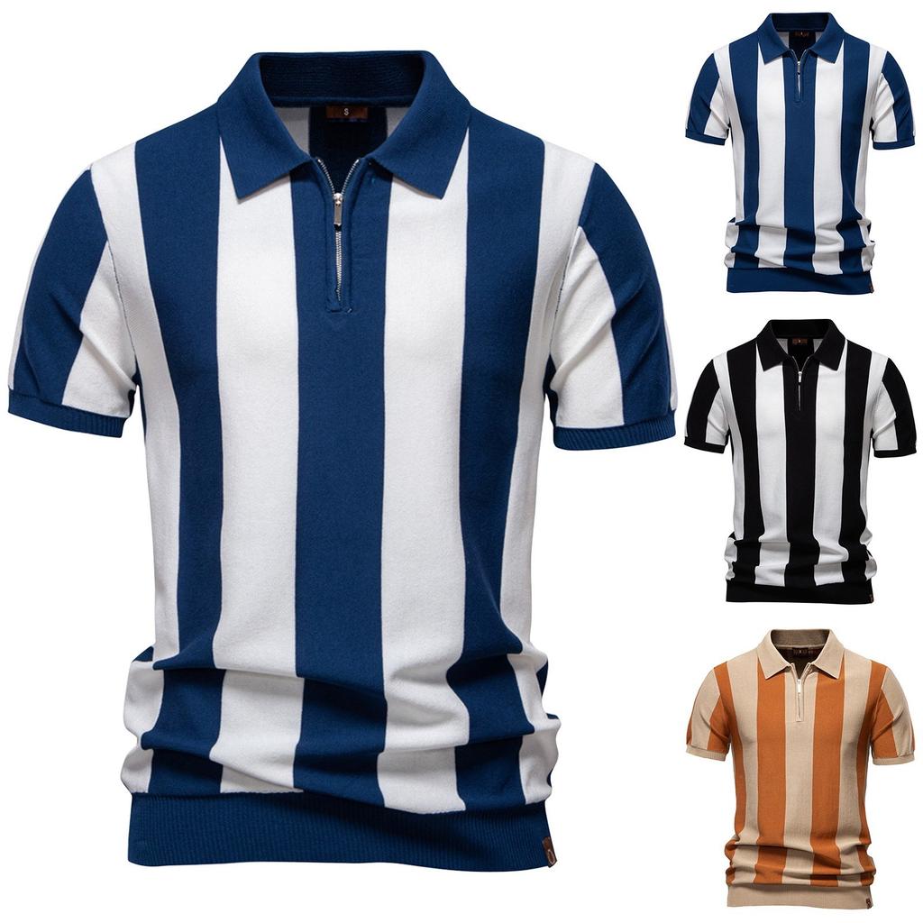 Men's Summer Stripe Knitted Zipper Lapel Short Sleeve Top Men's Casual Fashion Shirt